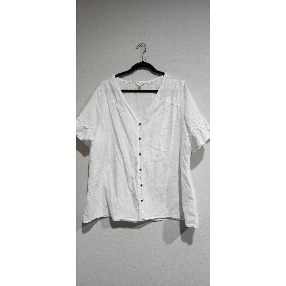 Terra & Sky Top Women's 2X V-Neck Shirred WHITE Short Sleeve Blouse In EUC